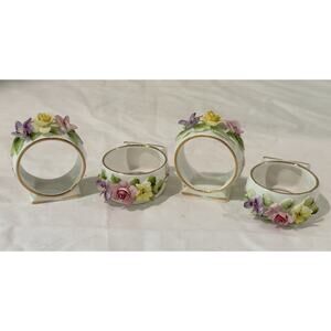 Set of 4 Royal Adderley Bone China Floral Napkin Rings England White Gold Trim